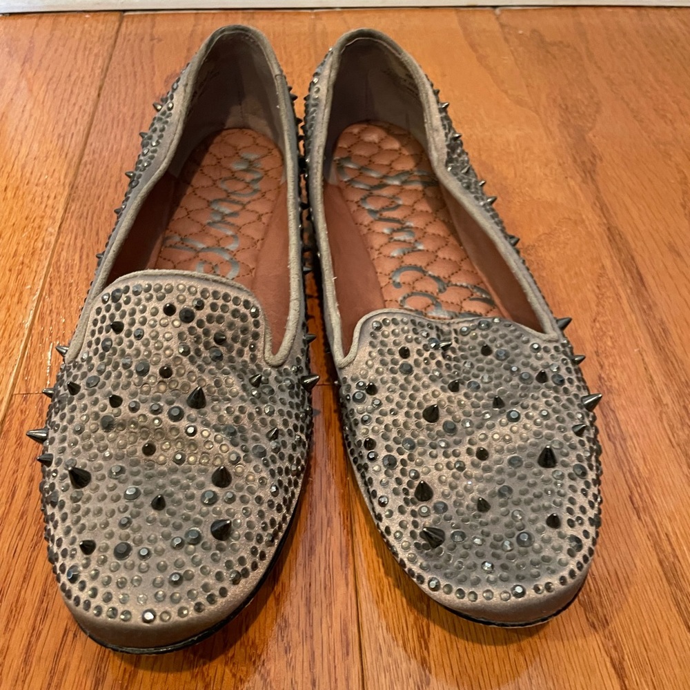 Sam Edelman Adena Spiked Rhinestone Loafers – Gunmetal Taupe – Size 8